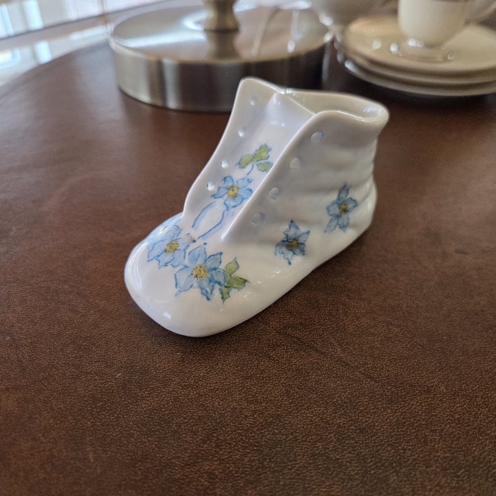 Vintage Porcelain Baby Bootie With Handpainted Flowers And Butterfly